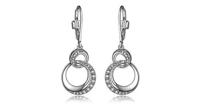 "HUG" RHODIUM PLATED DANGLE CIRCLE LINK LEVER BACK EARRING WITH CZ