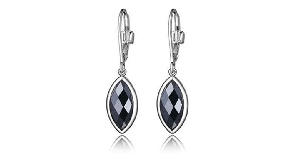 "BLINK" RHODIUM PLATD GENUINE HEMATITE MARQUISE SHAPE LEVERBACK DANGLE EARRING. STONE SIZE MQ 13X6MM