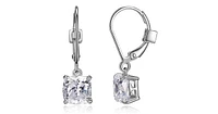 "SIGNATURE" RHODIUM PLATED 7MM CUSHION CUT 3A CUBIC ZIRCONIA DANGLE EARRING WITH LEVER BACK