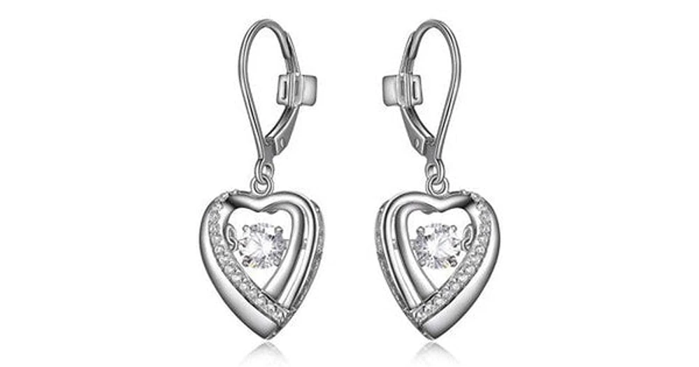 "AMOUR" RHODIUM PLATED HEART DANGLE EARRING WITH ROUND 4.5MM ROUND 3A CUBIC ZIRCONIA DANCING STONE