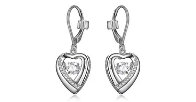 "AMOUR" RHODIUM PLATED HEART DANGLE EARRING WITH ROUND 4.5MM ROUND 3A CUBIC ZIRCONIA DANCING STONE