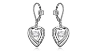 "AMOUR" RHODIUM PLATED HEART DANGLE EARRING WITH ROUND 4.5MM ROUND 3A CUBIC ZIRCONIA DANCING STONE