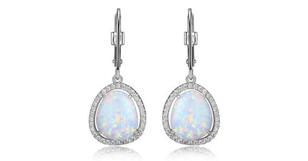 HALO RHODIUM PLATED 11.5X9.5MM SYNTHETIC OPAL AND 3A CUBIC ZIRCONIA HALO DANGLE EARRING WITH LEVERBACK