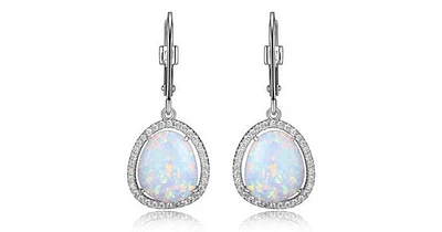 HALO RHODIUM PLATED 11.5X9.5MM SYNTHETIC OPAL AND 3A CUBIC ZIRCONIA HALO DANGLE EARRING WITH LEVERBACK