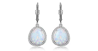 HALO RHODIUM PLATED 11.5X9.5MM SYNTHETIC OPAL AND 3A CUBIC ZIRCONIA HALO DANGLE EARRING WITH LEVERBACK