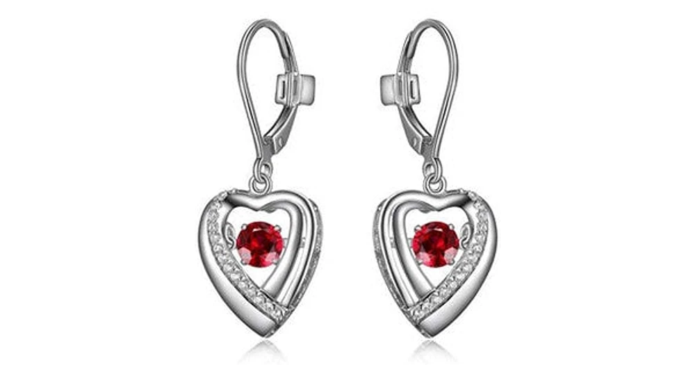 "AMOUR" RHODIUM PLATED HEART DANGLE EARRING WITH ROUND 4MM ROUND SYNTHETIC RUBY DANCING STONE