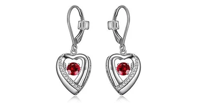 "AMOUR" RHODIUM PLATED HEART DANGLE EARRING WITH ROUND 4MM ROUND SYNTHETIC RUBY DANCING STONE