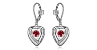 "AMOUR" RHODIUM PLATED HEART DANGLE EARRING WITH ROUND 4MM ROUND SYNTHETIC RUBY DANCING STONE