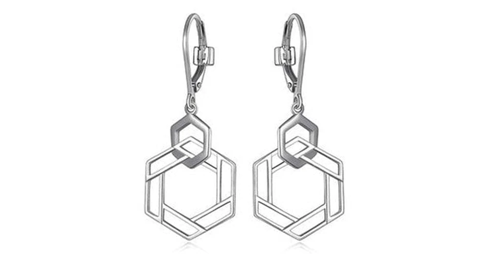 LATTICE RHODIUM PLATED INTERTWINED HEXAGON 21X15MM LEVERBACK DANGLE EARRING