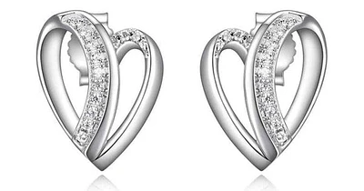 AMOUR RHODIUM PLATED OVERLAPING HEART STUD EARRING 15X11MM WITH CUBIC ZIRCONIA