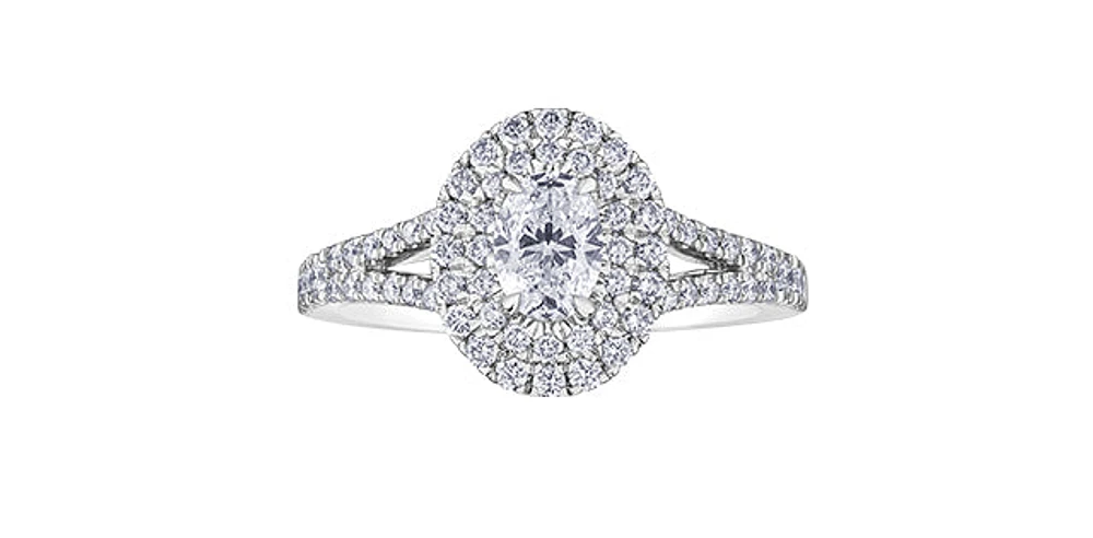 1.07 ct T.W.-18KPD White Gold Double Halo Split Shank Diamond Engagement Ring