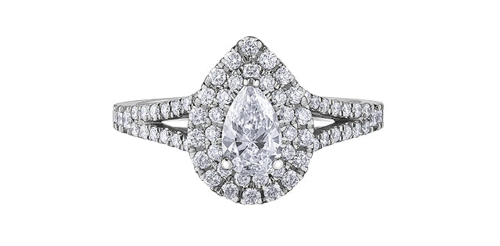 1.06 ct T.W.-18KPD White Gold Pear Cut Double Halo Split Shank Diamond Engagement Ring