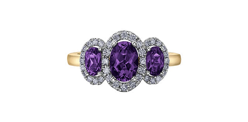 Halo 3-stones Amethyst 0.25 ct T.W Diamond Yellow & White Gold Ring