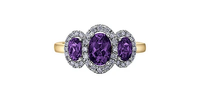 Halo 3-stones Amethyst 0.25 ct T.W Diamond Yellow & White Gold Ring