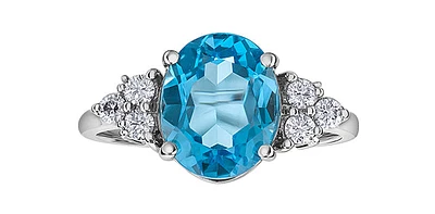 Blue Topaz 0.21 ct T.W Canadian Diamond Tri-stones 14K White Gold Ring