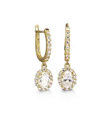 Halo C.Z. 4 Prongs Gold Lux Drop Earrings