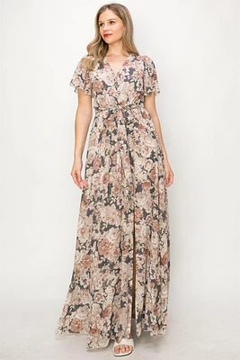 Dusty Rose floral belt bell sleeves dress OL24A041