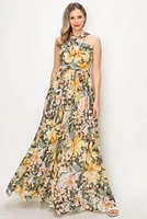 Sage & mustard floral  cross neck maxi dress OL24A103