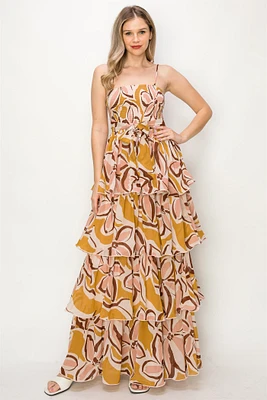 Mustard burgundy custom print ruffles Maxi Dress OL24A125