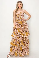 Mustard burgundy custom print ruffles Maxi Dress OL24A125