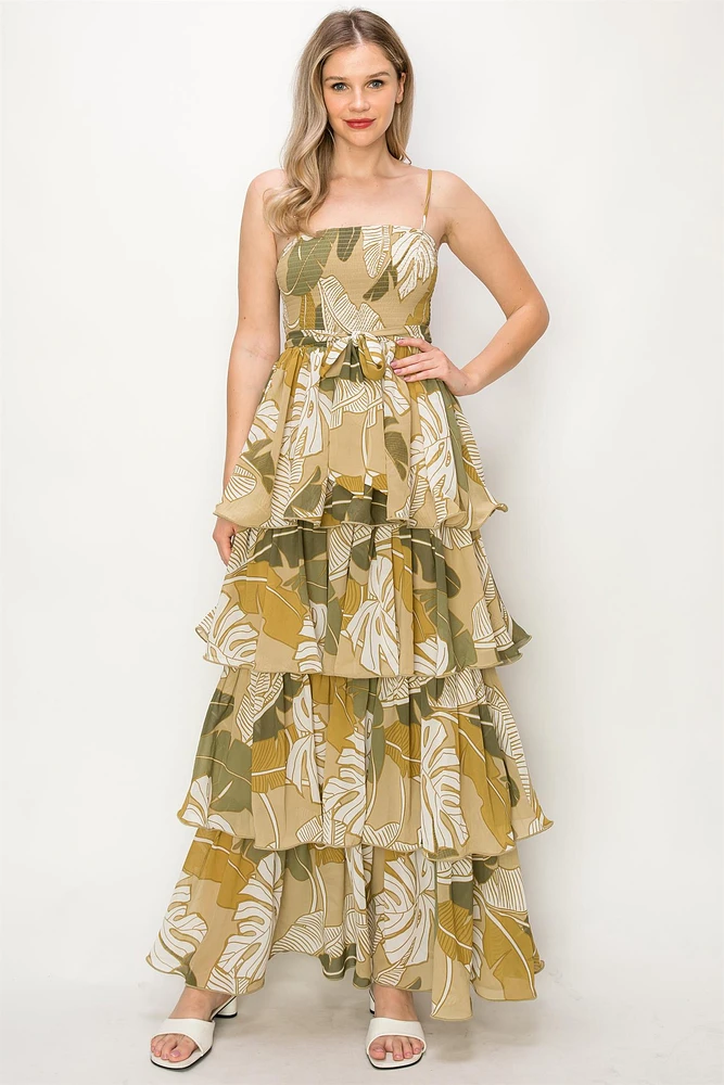 Sage light mustard leaf print ruffle detailed dress OL24A126