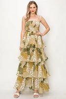 Sage light mustard leaf print ruffle detailed dress OL24A126