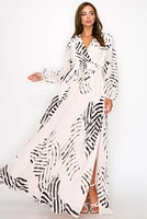 Ivory abstract black patterned starchy waist sleeves dress OL24A098