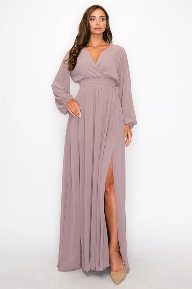 Taupe Chiffon Solid Long Sleeve V-Neck Stretchy Waist Maxi Dress OL24A113