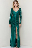 METALLIC LONG SLEEVE SHIRRING MAXI DRESS MF22089