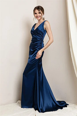 Navy V-neck Plain Satin High-low Gown