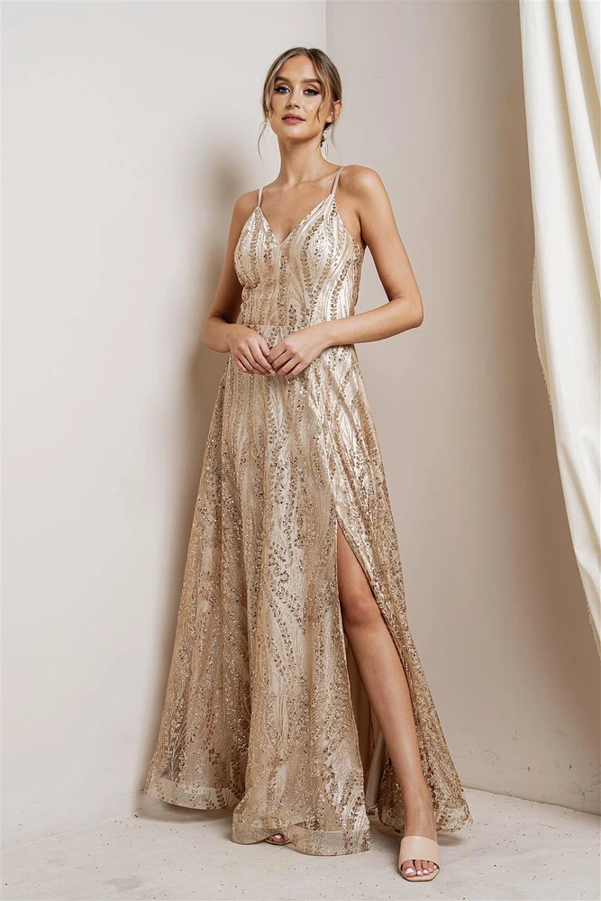 Nude-Golden Sequin Net Detailed Gown with Slit M21263