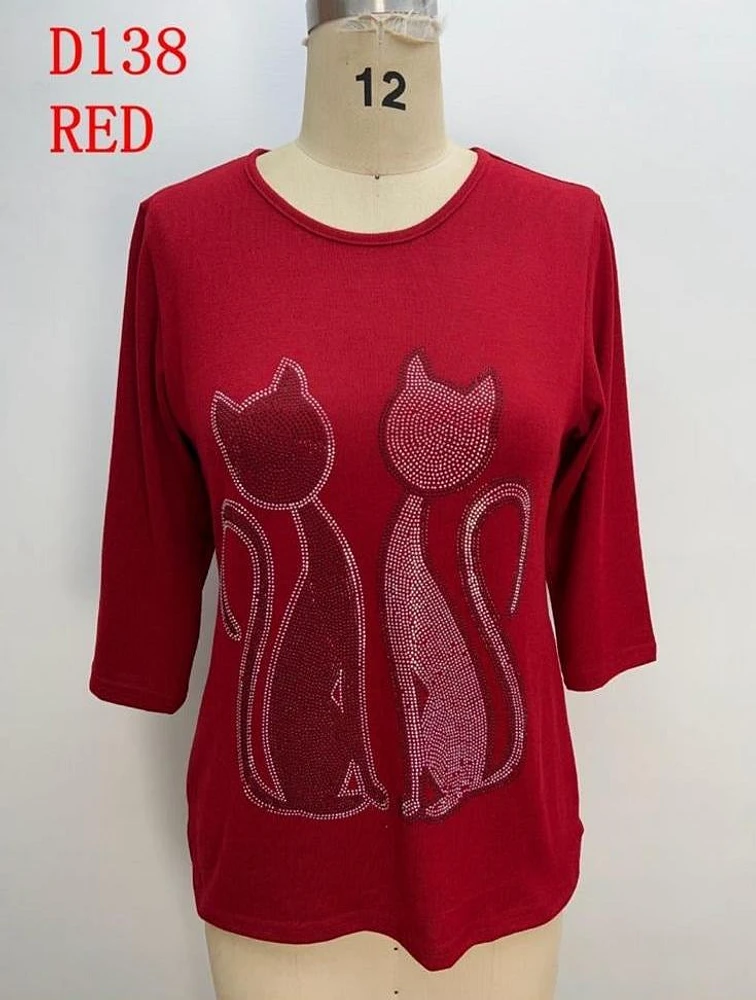 Red Sequin Cat Pattern Top D138