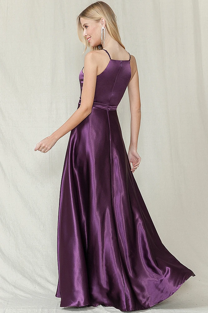 EGGPLANT SATIN MAXI DRESS  MF25559