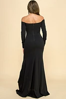 BLACK OFF SHOULDER SHIRRING SLIT MAXI DRESS MF22087