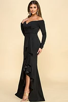 BLACK OFF SHOULDER SHIRRING SLIT MAXI DRESS MF22087