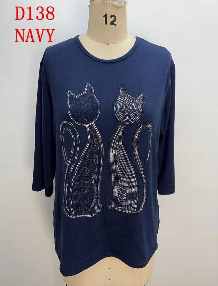 Navy Sequin Cat Top D138