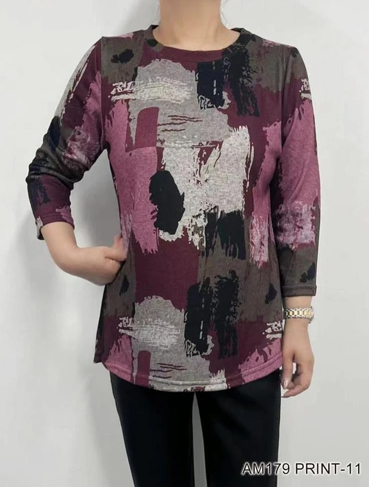 Plum/grey Printed 3/4 Sleeves Top AM179 (PRINT 11)