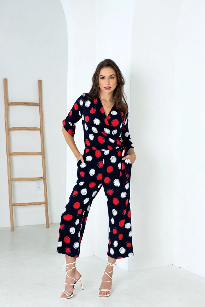 Navy-Red Polka Dot 3/4 Sleeves Jumpsuit