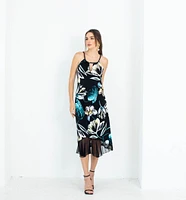 Black-green Floral Printed Spaghetti Strapped Dress