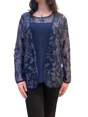 Navy Top with Shiny Net Detailed blazer NL-61053