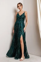 Emerald Sequin Net Detailed Gown with Slit M21244