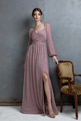 Blush Shimmer Detailed Gown with Balloon Sleeves