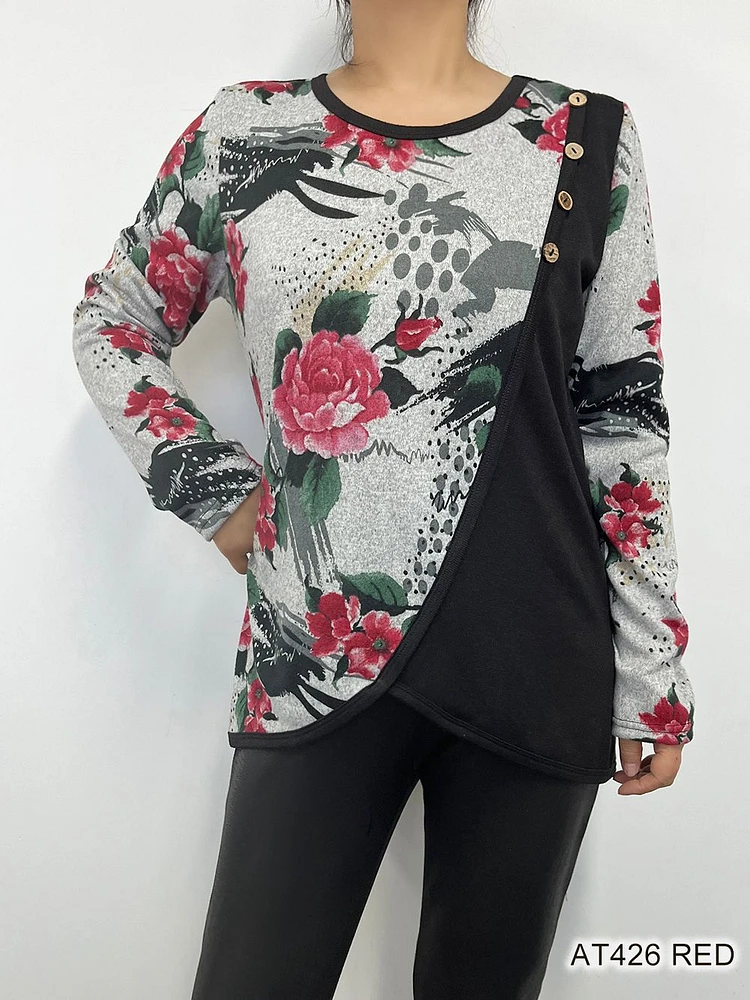 RED ROSE FLORAL WITH PLAIN DETAIL TOP AT426