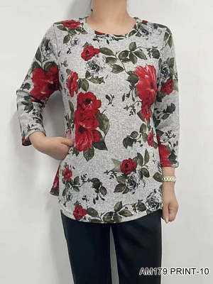 Grey/Red Flower Print Top AM179 (PRINT 10)