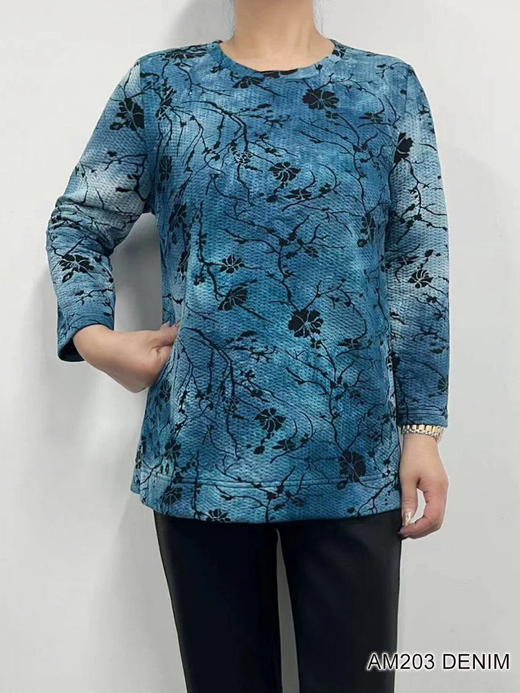 Denim/black Floral Printed Top AM203