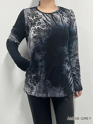 Grey/black Printed Round Neck Top AM206