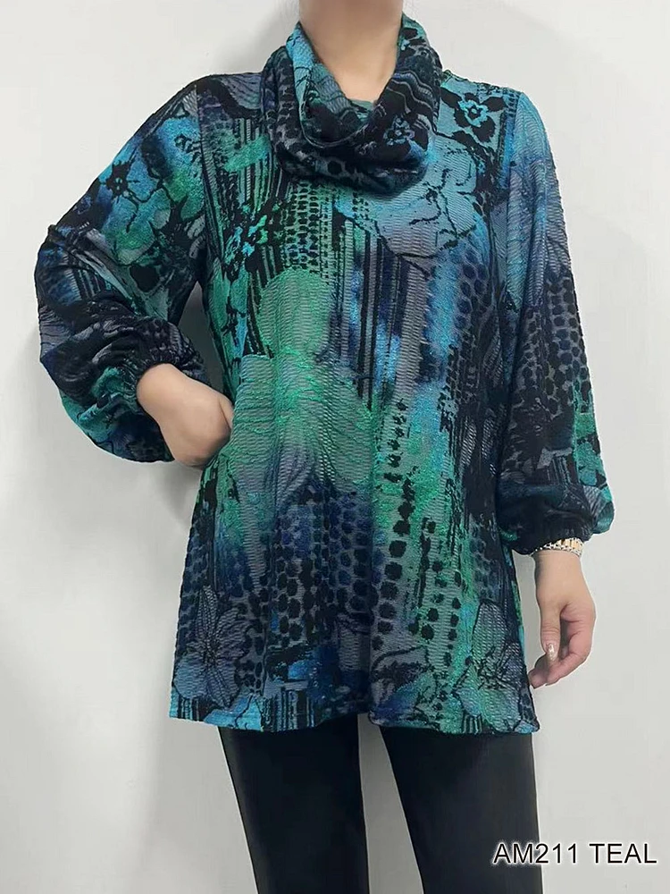 Teal Printed Cowl Neck Tunic AM211