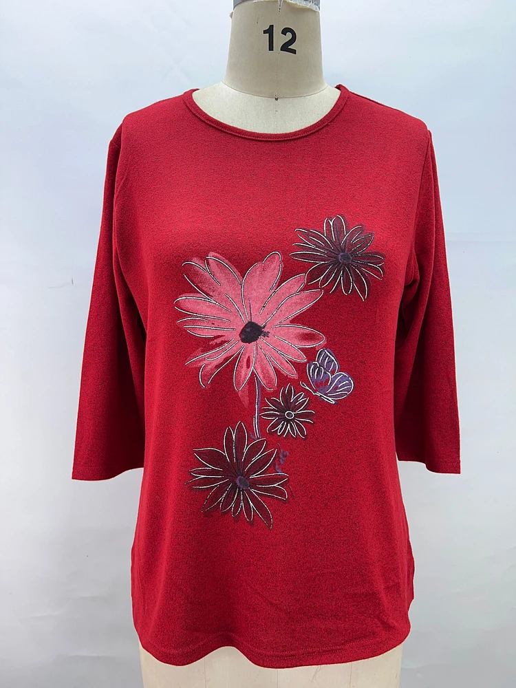 RED SHINY FLOWER PRINTED TOP D602