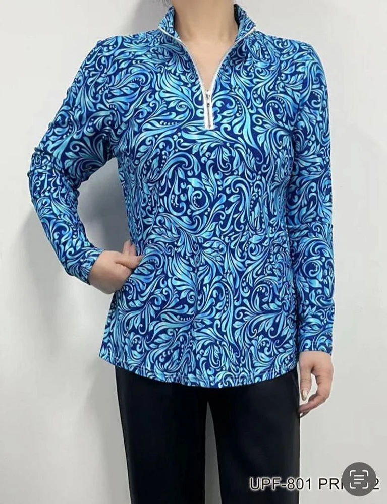 Royal Blue Printed Zippered Collar Top UPF-801 PRINT 2