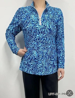 Royal Blue Printed Zippered Collar Top UPF-801 PRINT 2